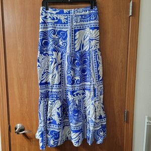 Peach Clothing Blue/White Grecian Mediterranean Midi Skirt With Slit Size Large
